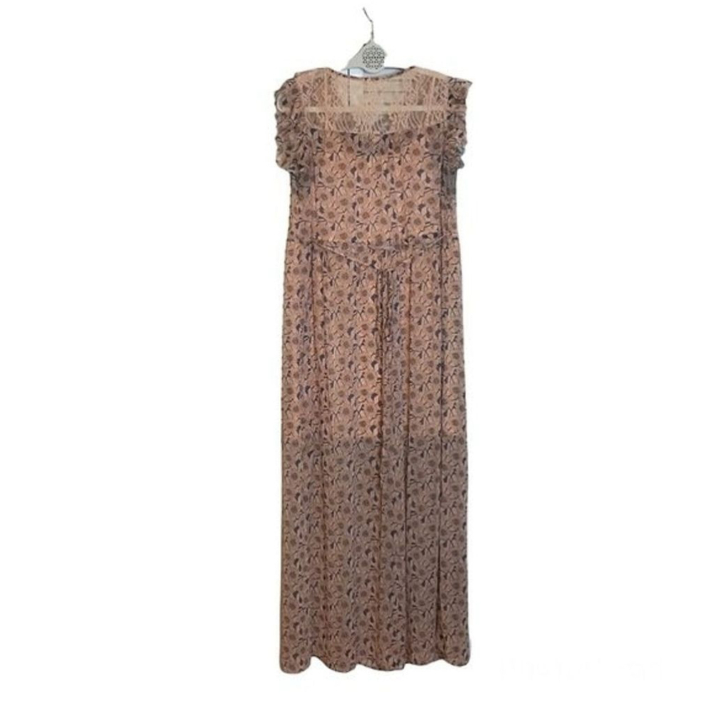 Xhiliration Womens Tiered Midi Dress Size M Tie Waist Coquette Lace Peach Floral